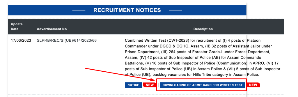 Assam Police SI Exam Admit Card 2023